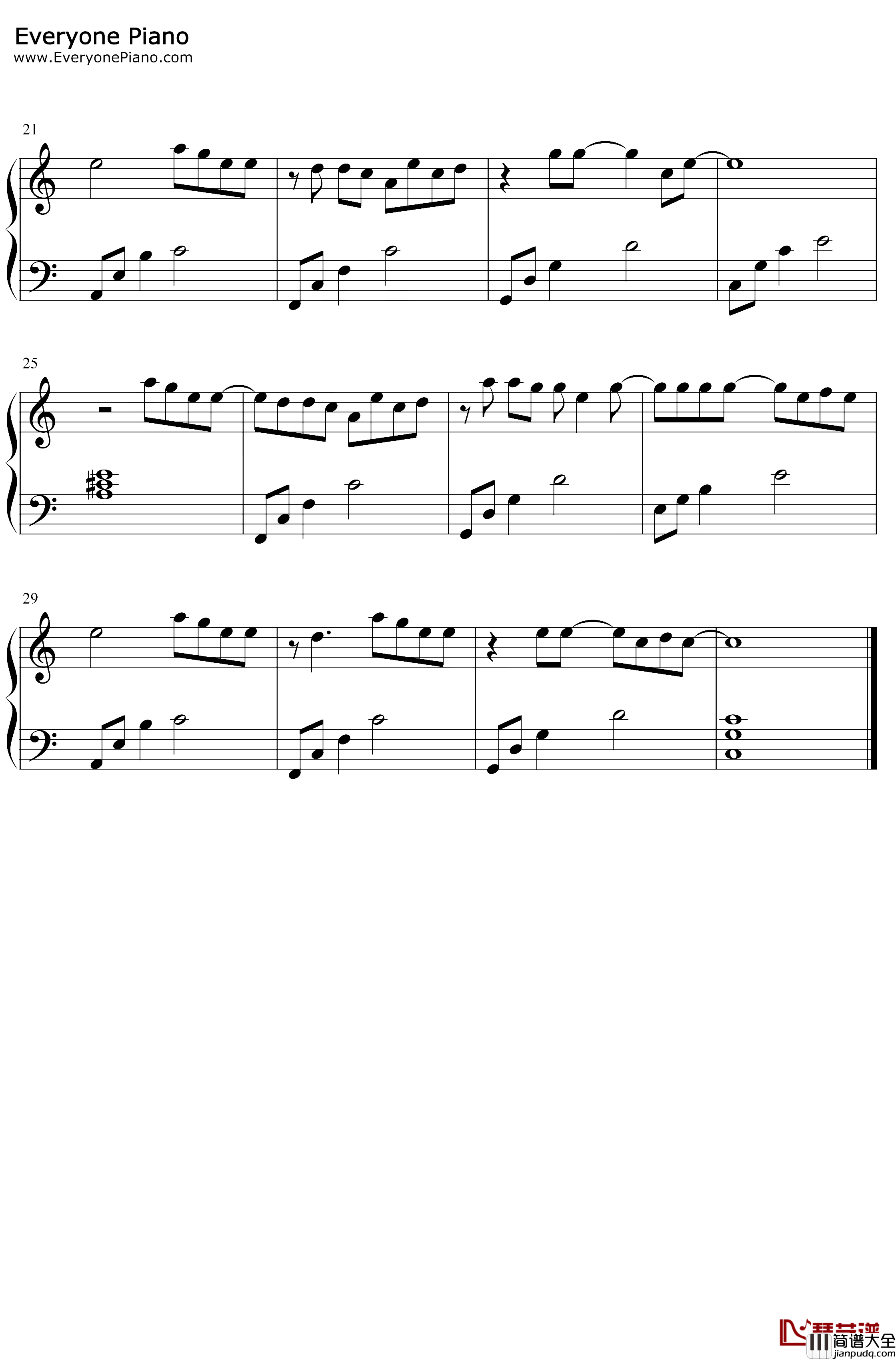 第三人称钢琴谱_Hush!戚薇_C调简单版