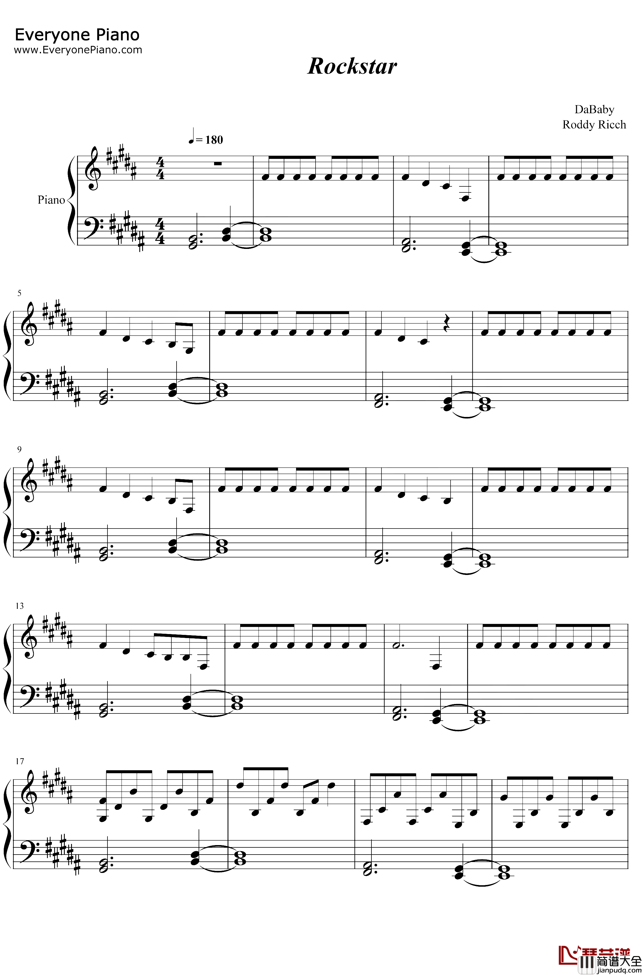 Rockstar钢琴谱_DaBaby_Roddy_Ricch
