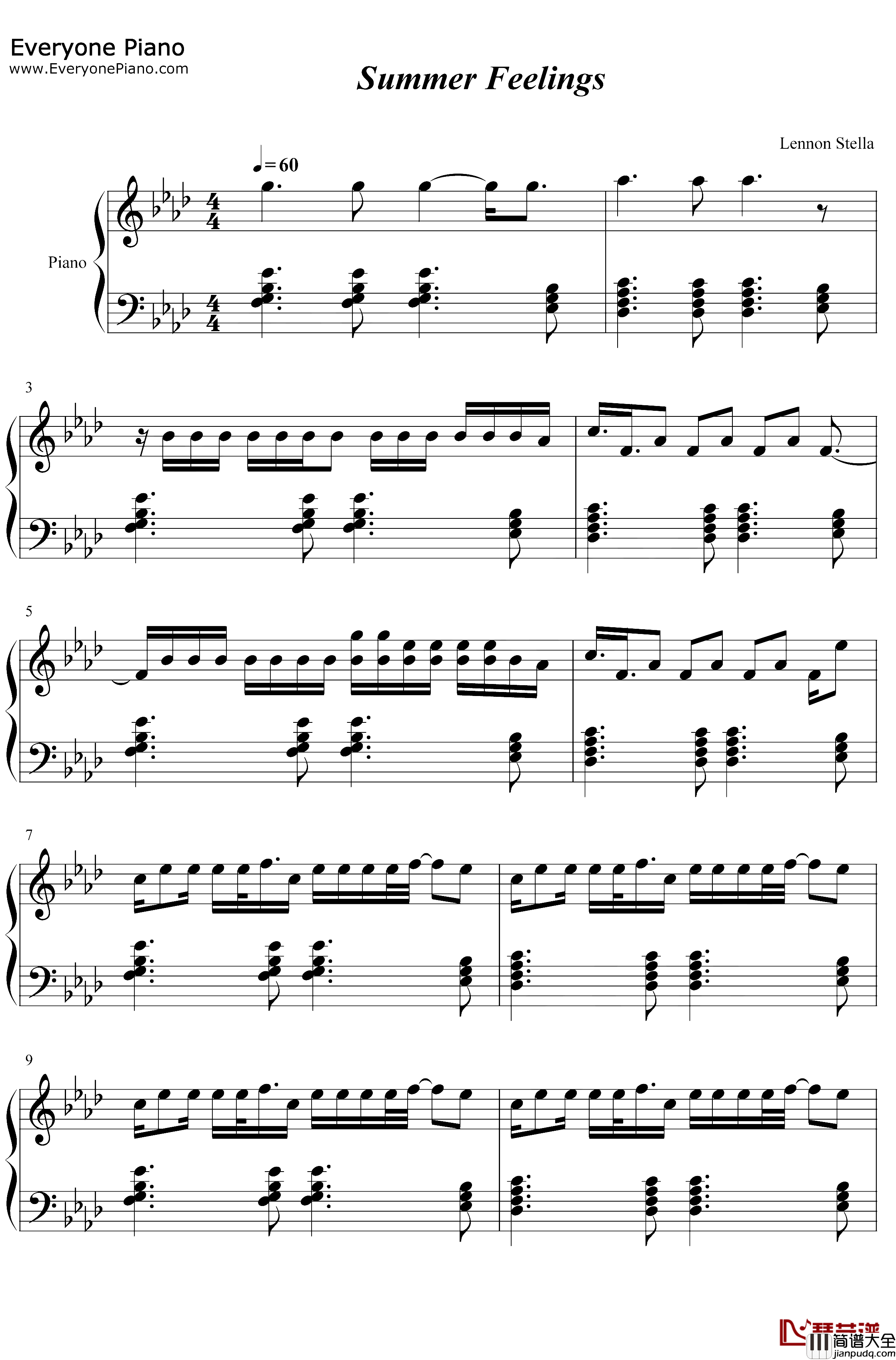 Summer_Feelings钢琴谱_Lennon_Stella_Charlie_Puth_史努比狗主题曲_清凉夏日必备歌曲