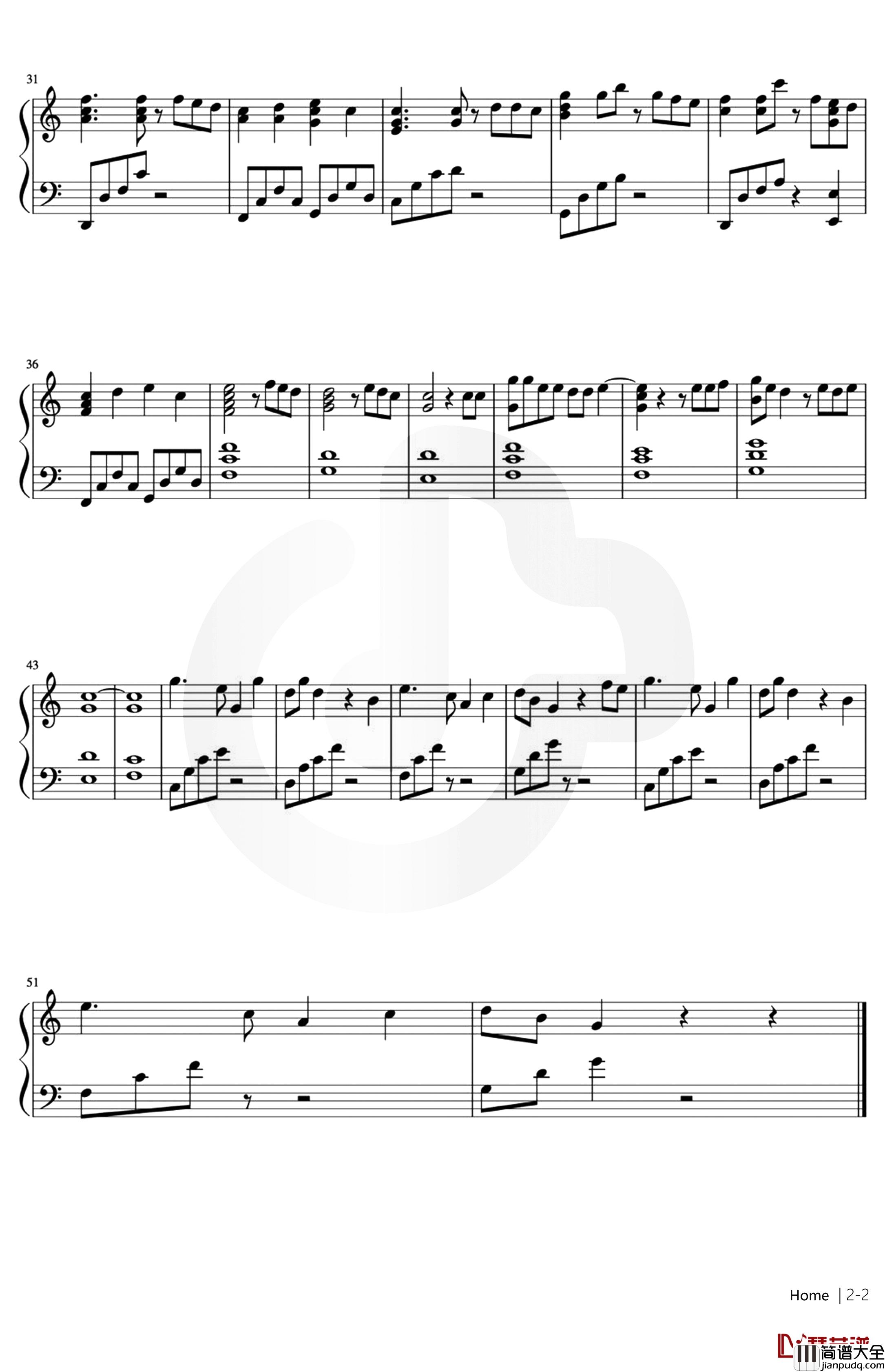 Home钢琴谱_蔡徐坤_C调