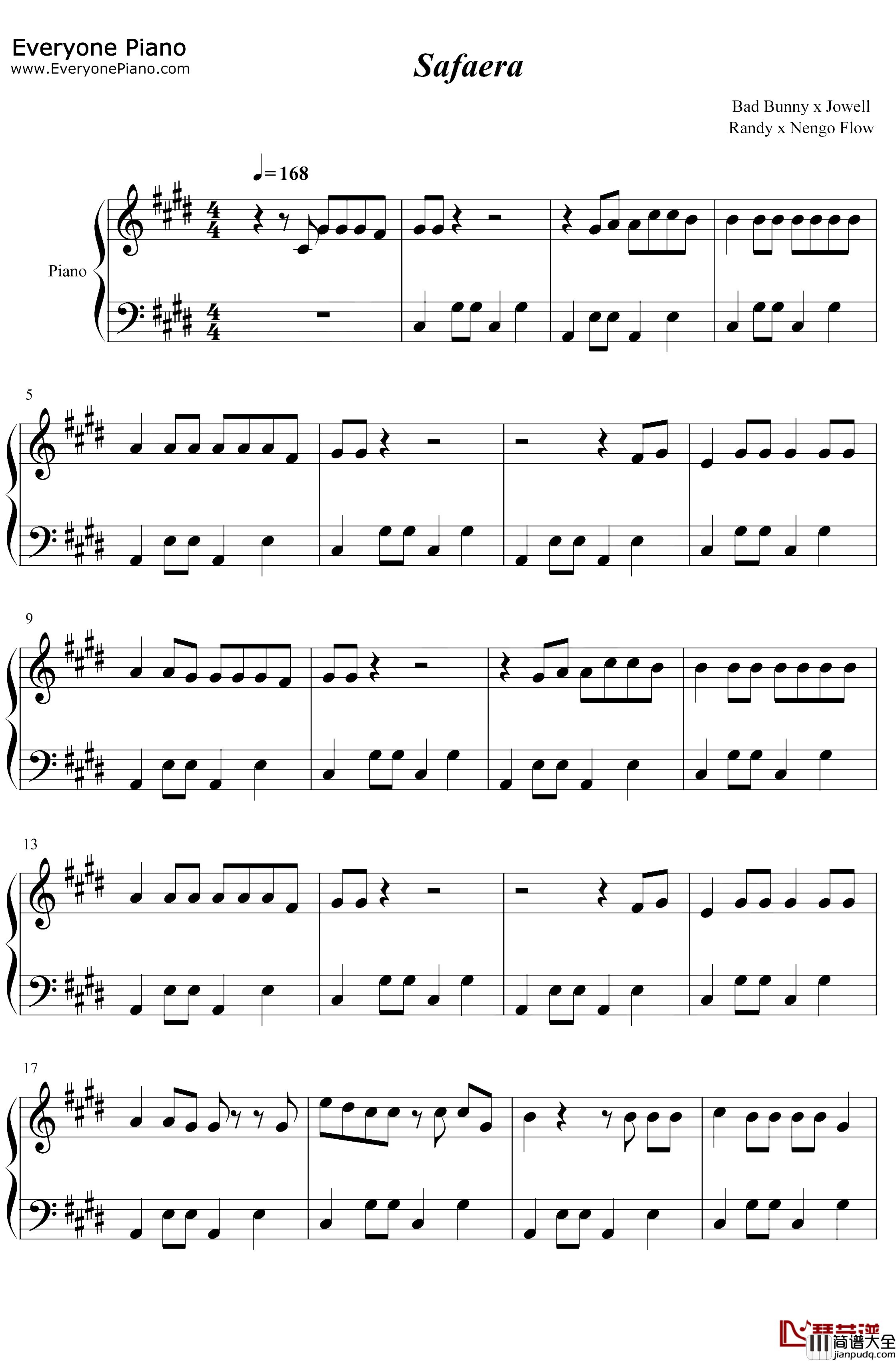Safaera钢琴谱_Bad_Bunny_Jowell&Randy_Ñengo_Flow_Bad_Bunny