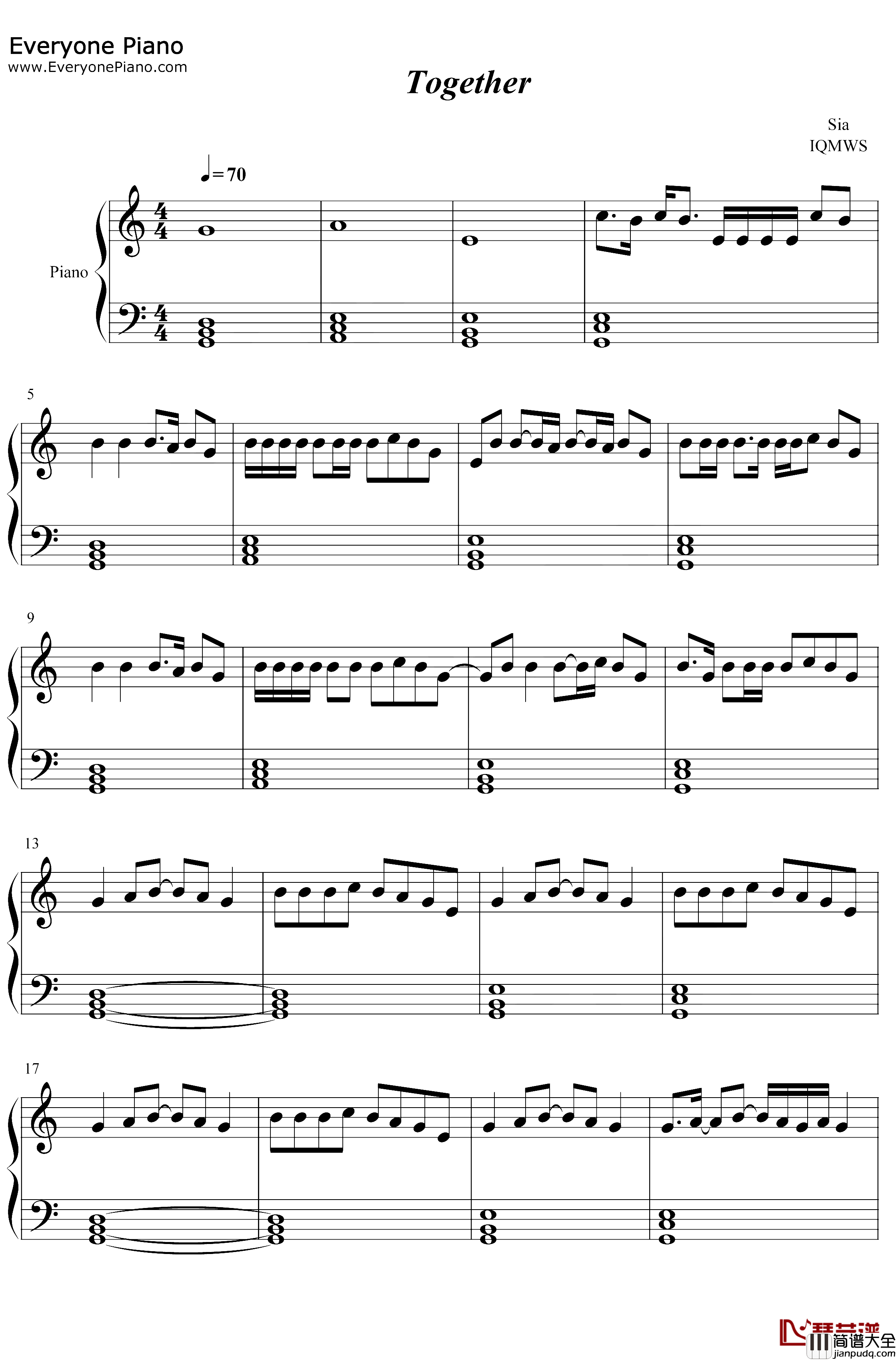 Together钢琴谱_Sia_MusicOST