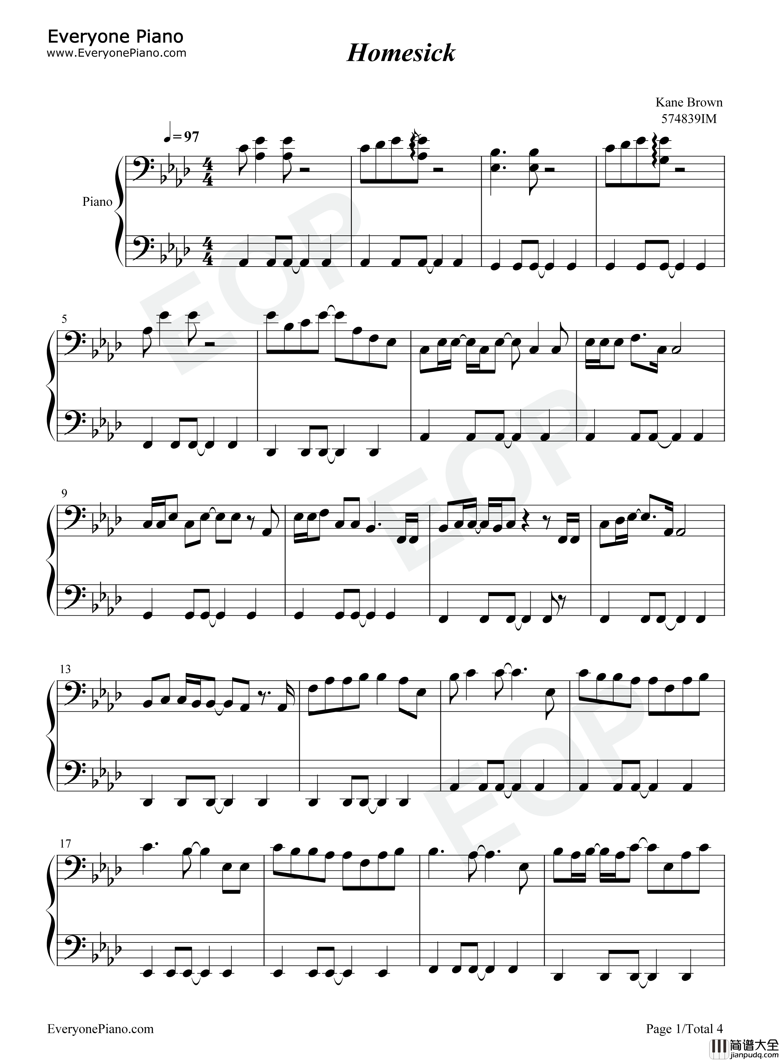 Homesick钢琴谱_Kane_Brown