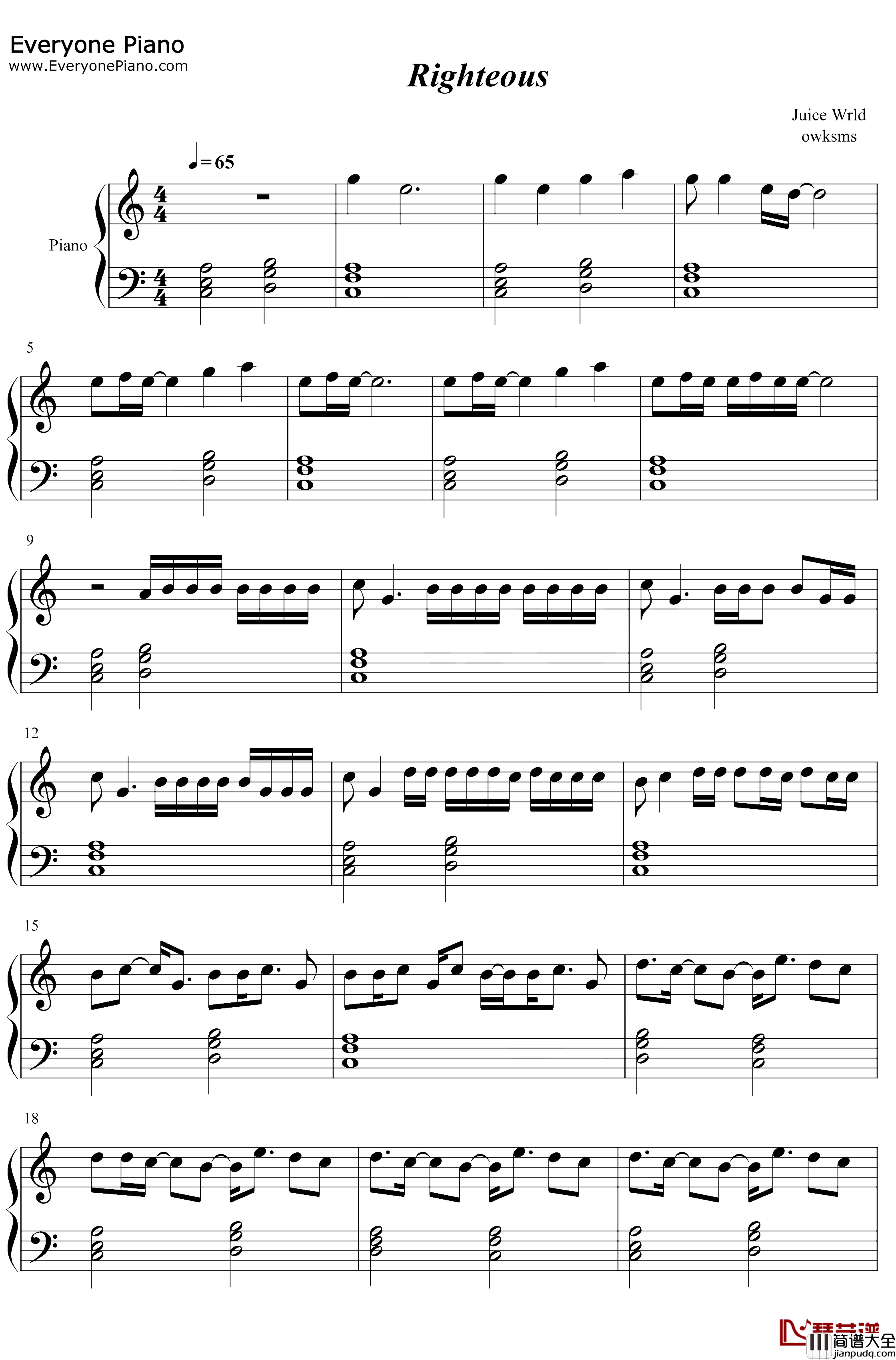 Righteous钢琴谱_Juice_Wrld