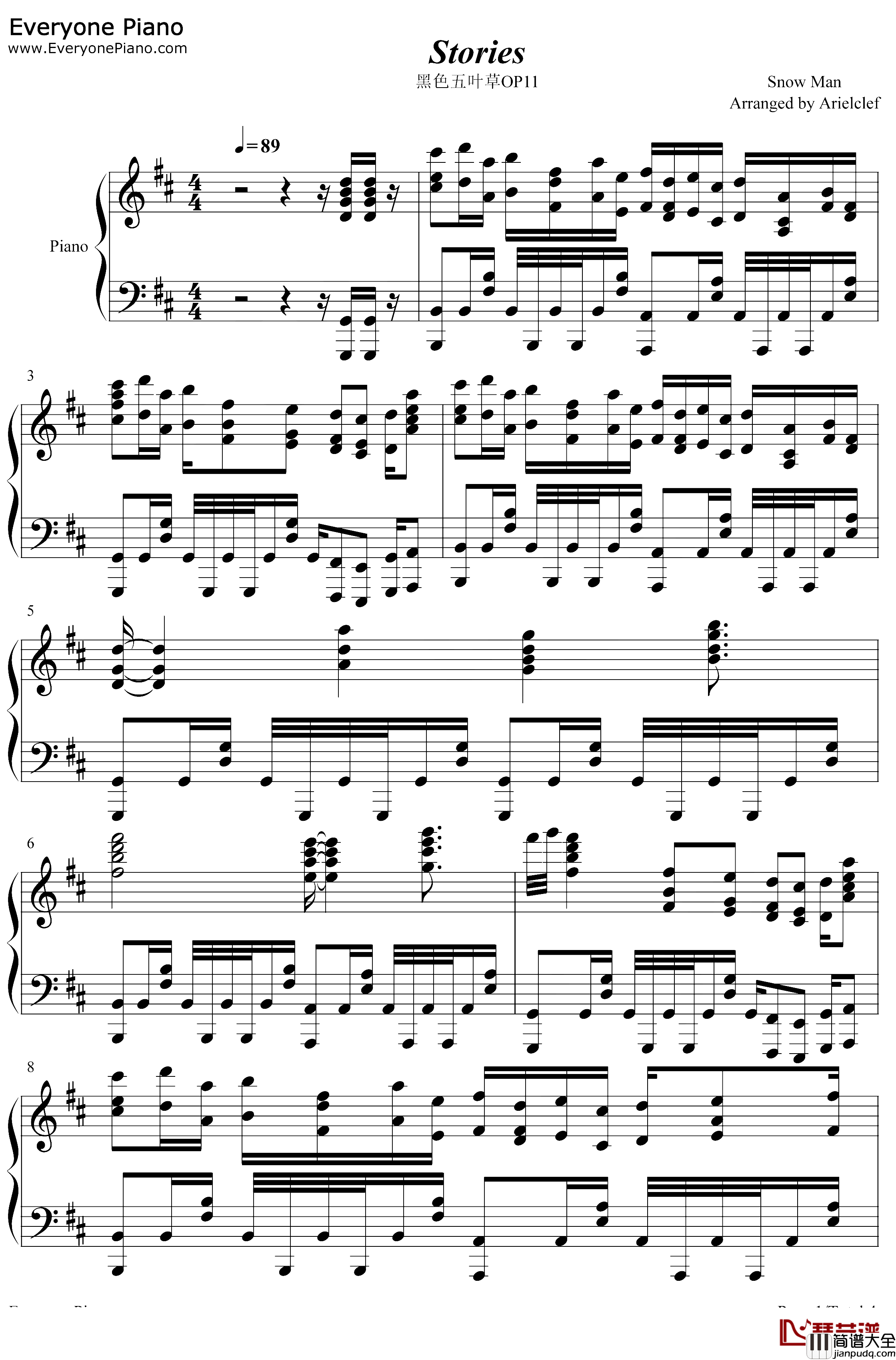 Stories钢琴谱_SnowMan_黑色五叶草OP11