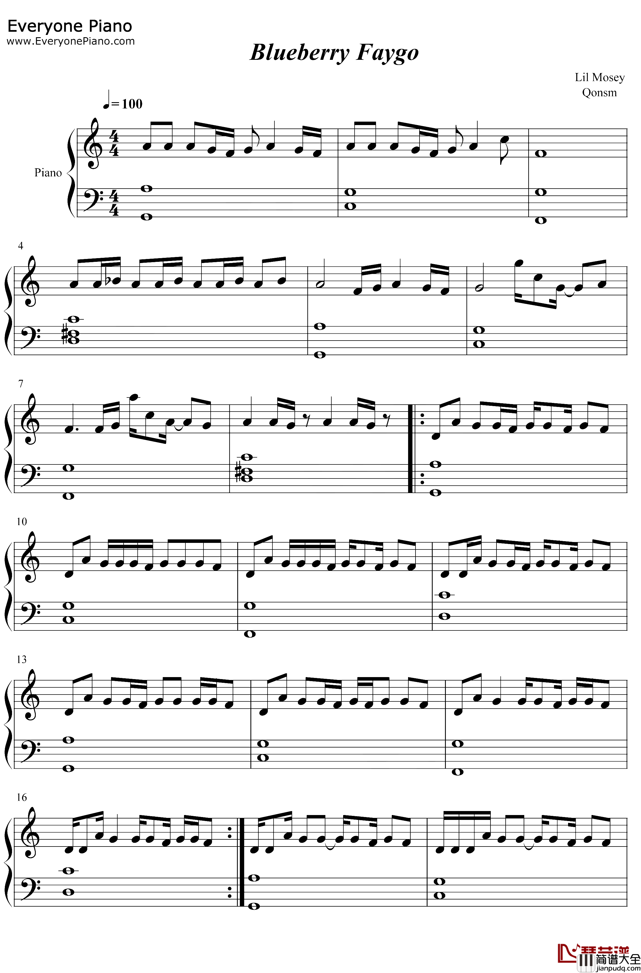 Blueberry_Faygo钢琴谱_Lil_Mosey