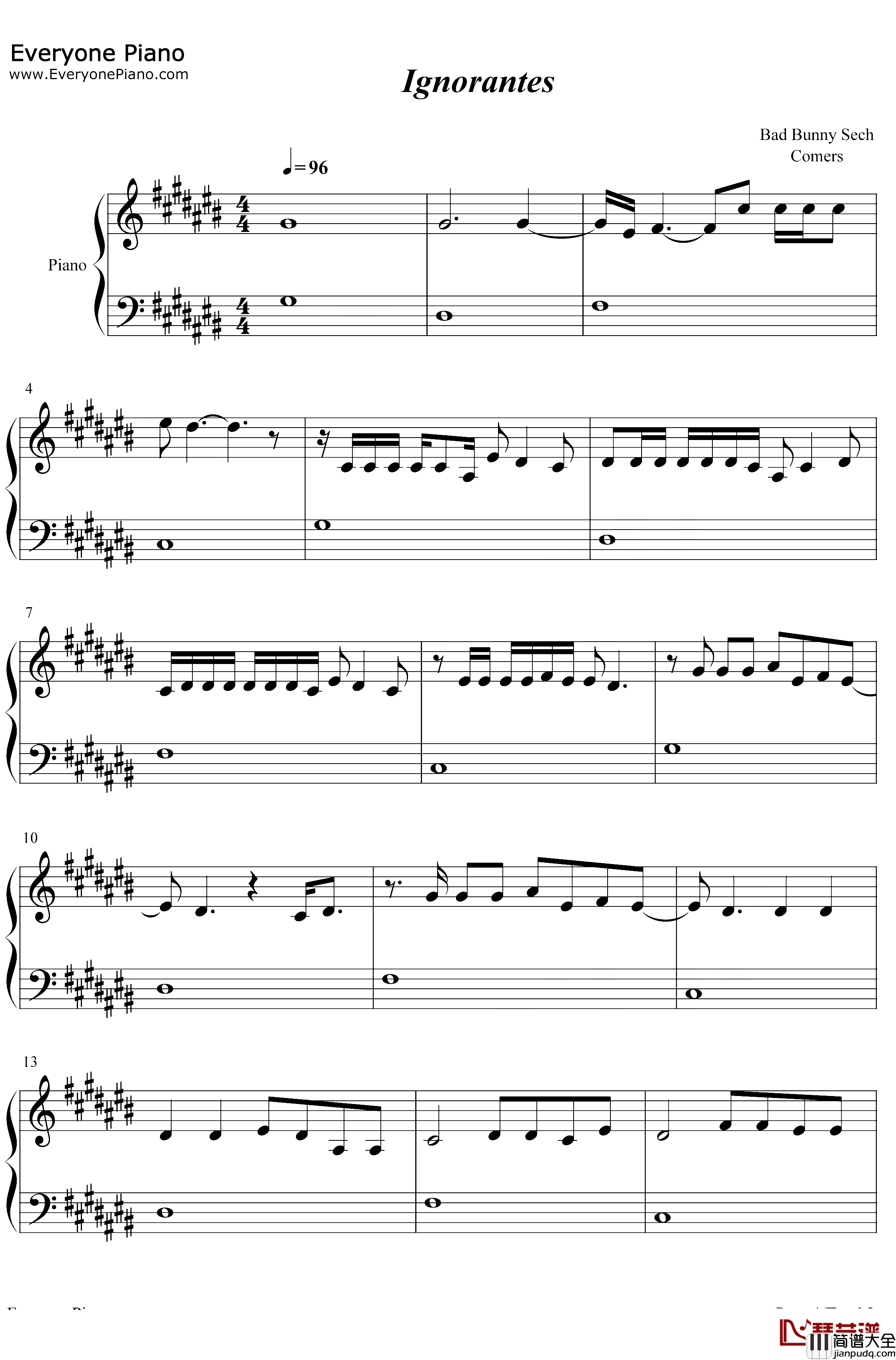 Ignorantes钢琴谱_Bad_Bunny_Sech