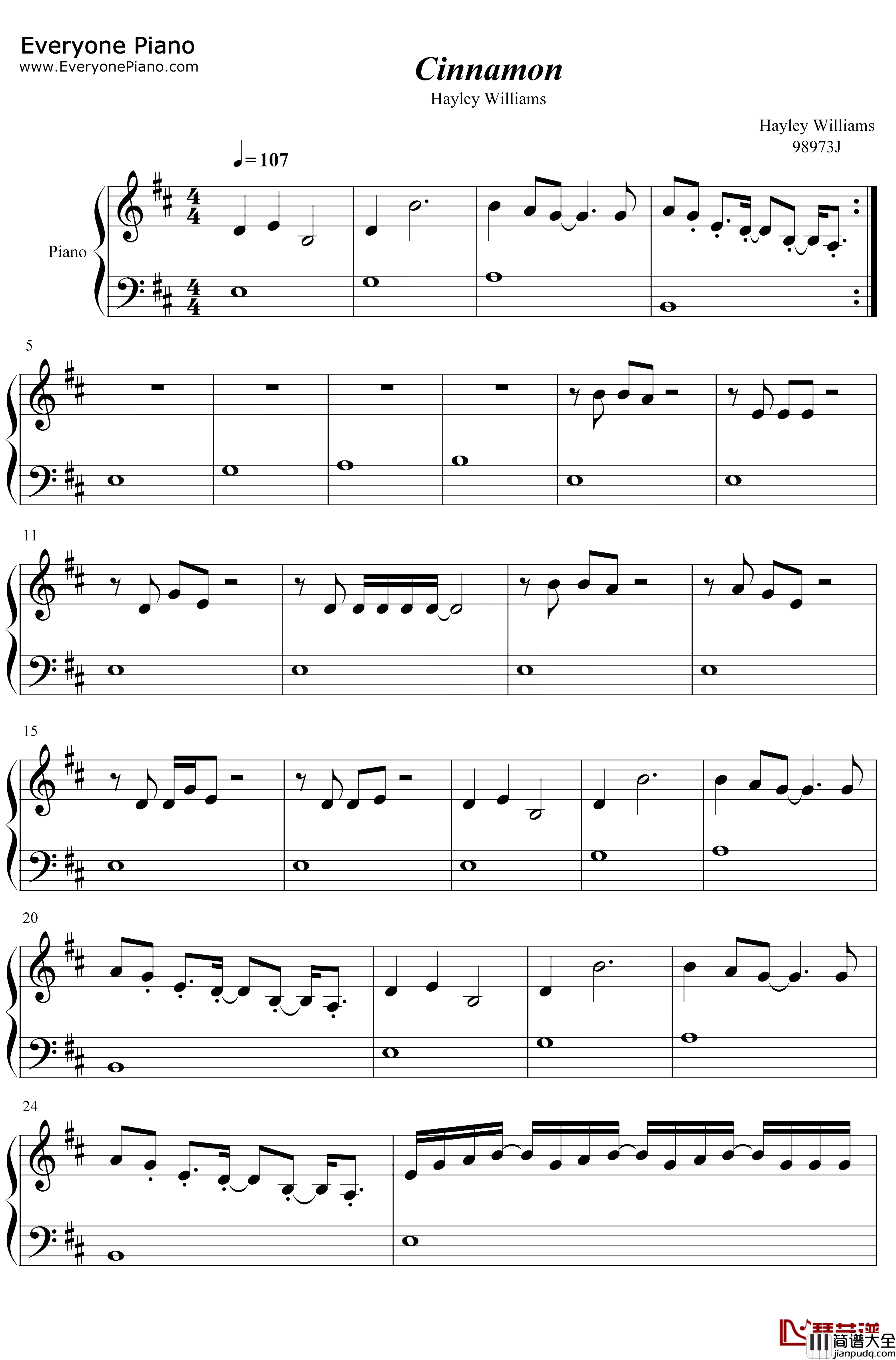 Cinnamon钢琴谱_Hayley_Williams