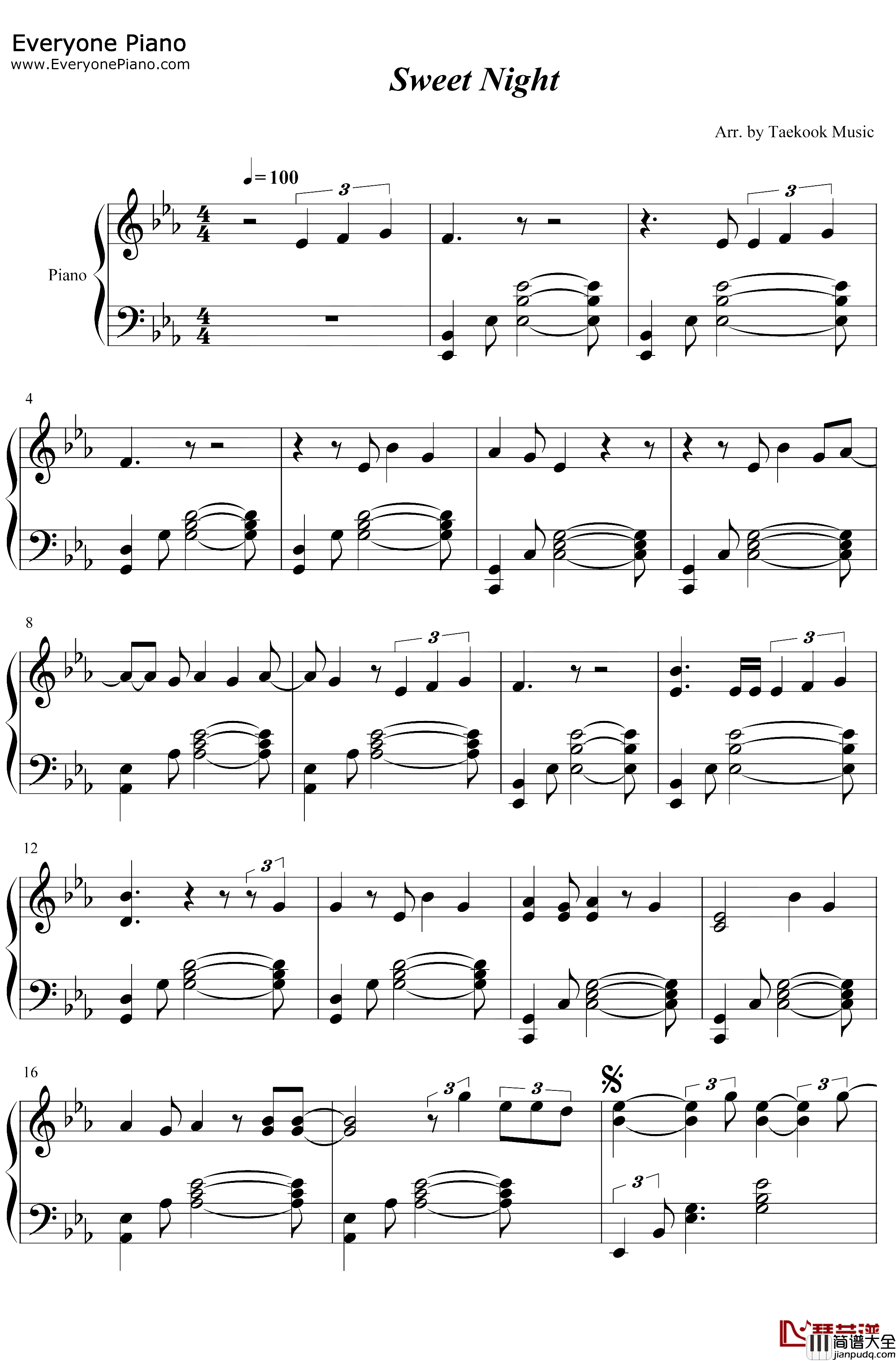 Sweet_Night钢琴谱_V防弹少年团_梨泰院CLASS插曲