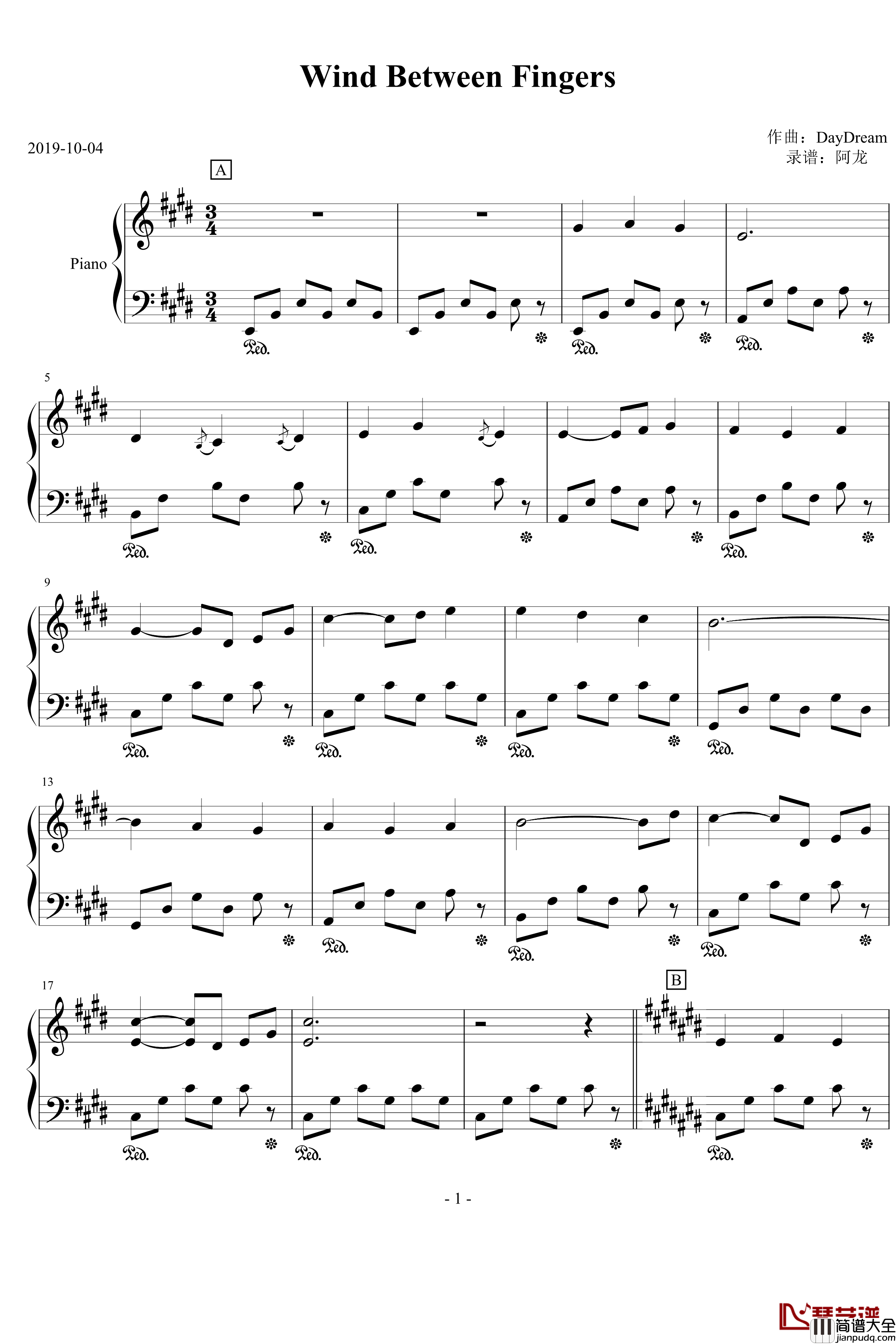 Wind_Between_Fingers钢琴谱_DayDream