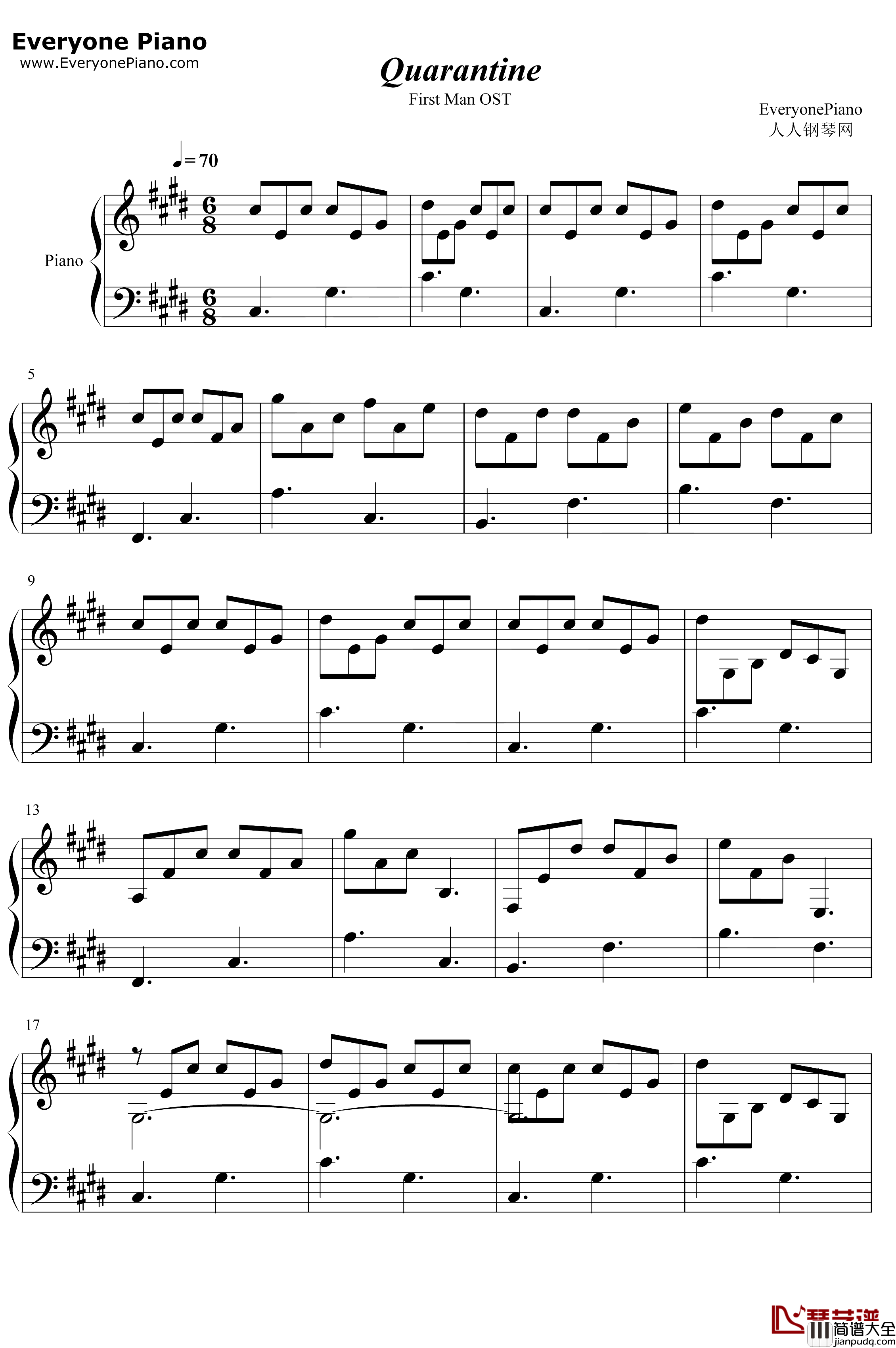 Quarantine钢琴谱_JustinHurwitz_登月第一人OST