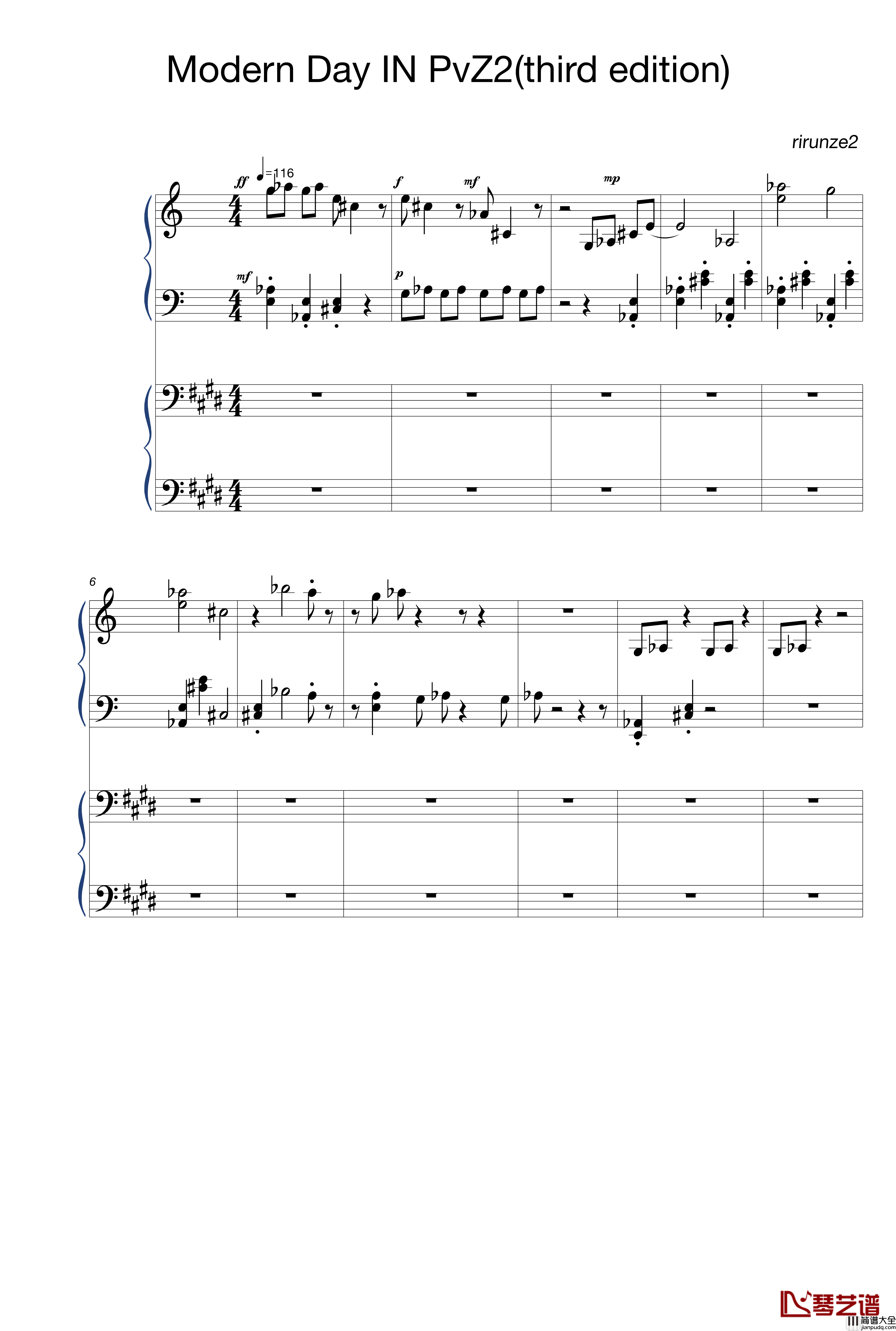 音乐植物大战僵尸2现代时光钢琴谱_摩登世界