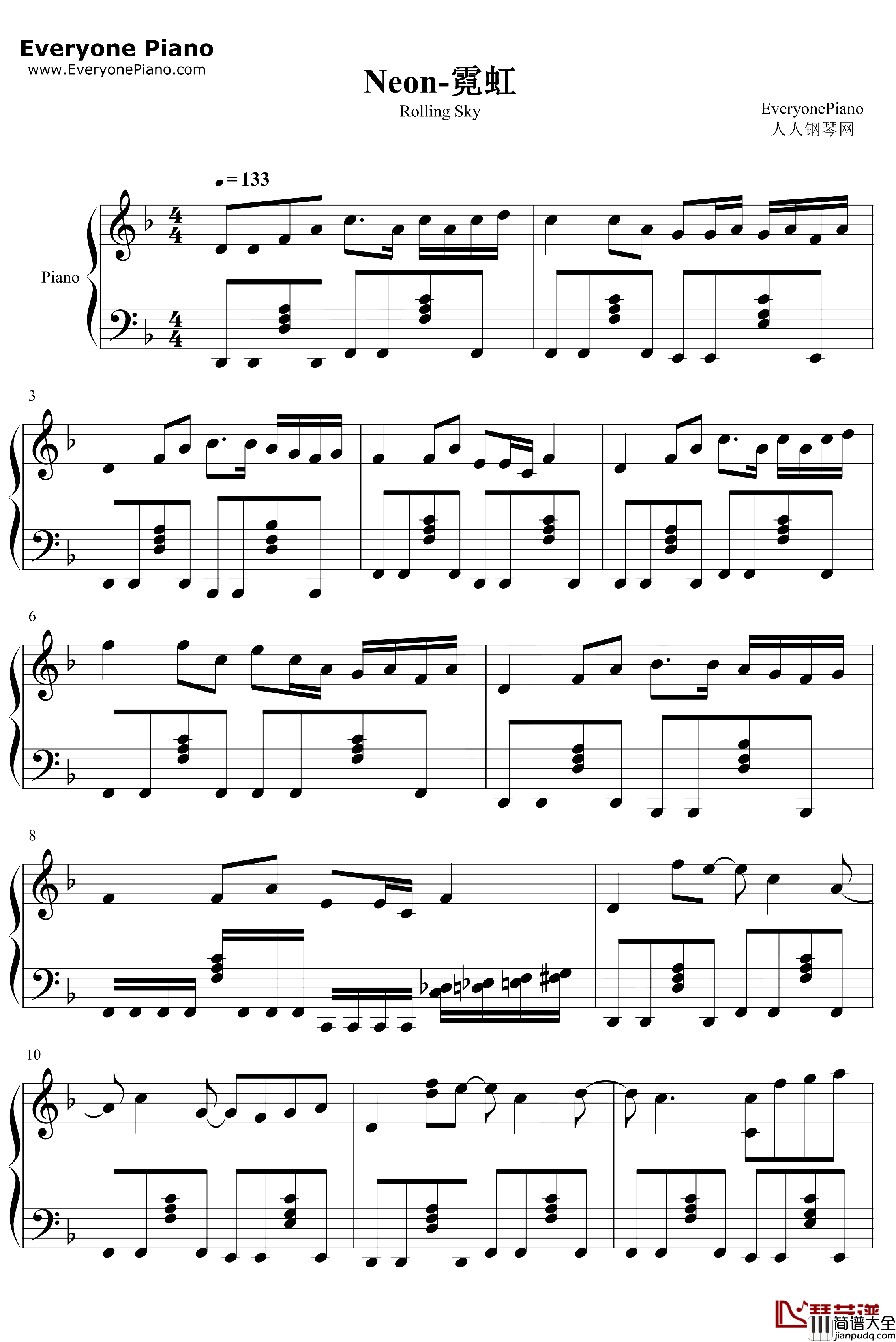 Neon钢琴谱_猎豹移动公司_霓虹_滚动的天空