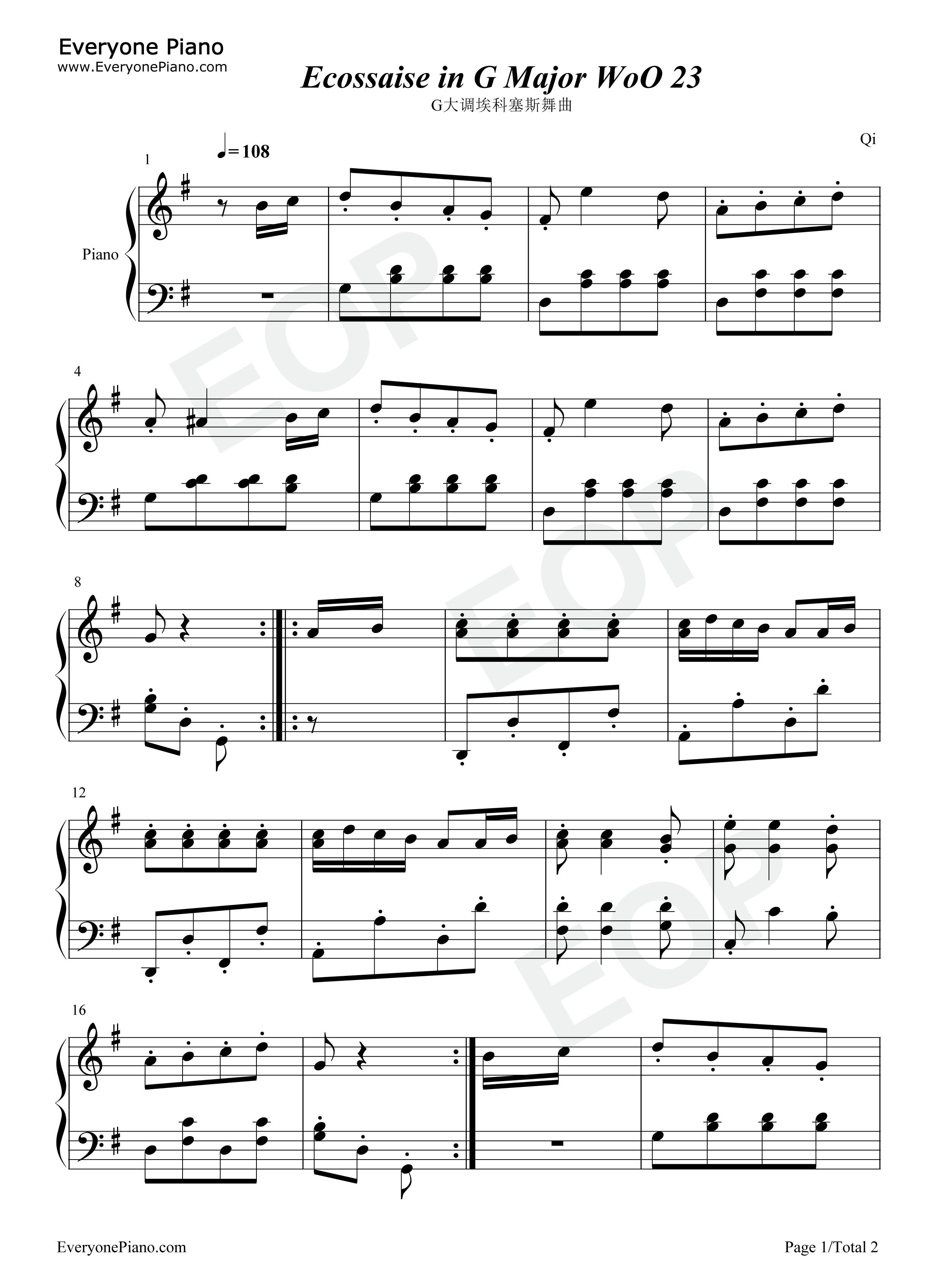 G大调埃科塞斯舞曲钢琴谱_贝多芬