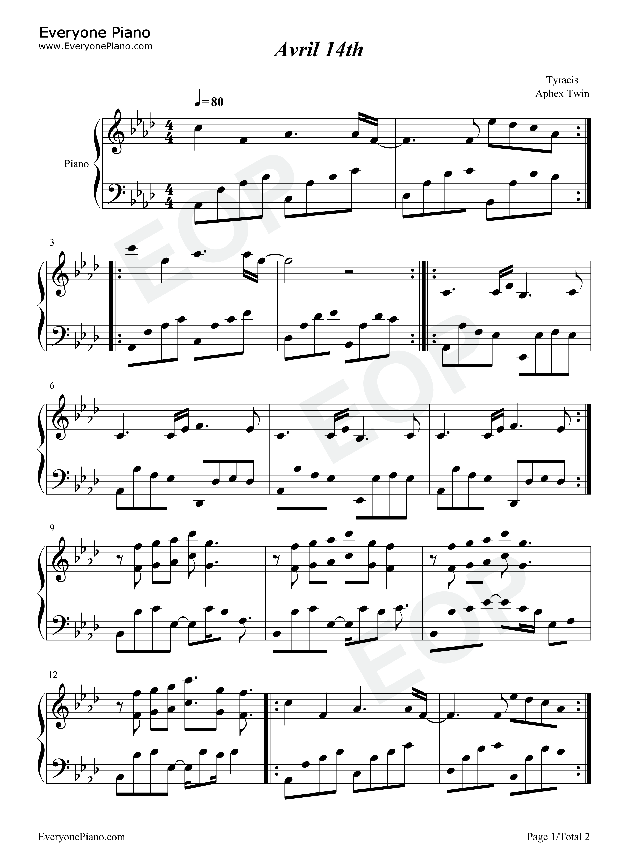 Avril_14th钢琴谱_Aphex_Twin