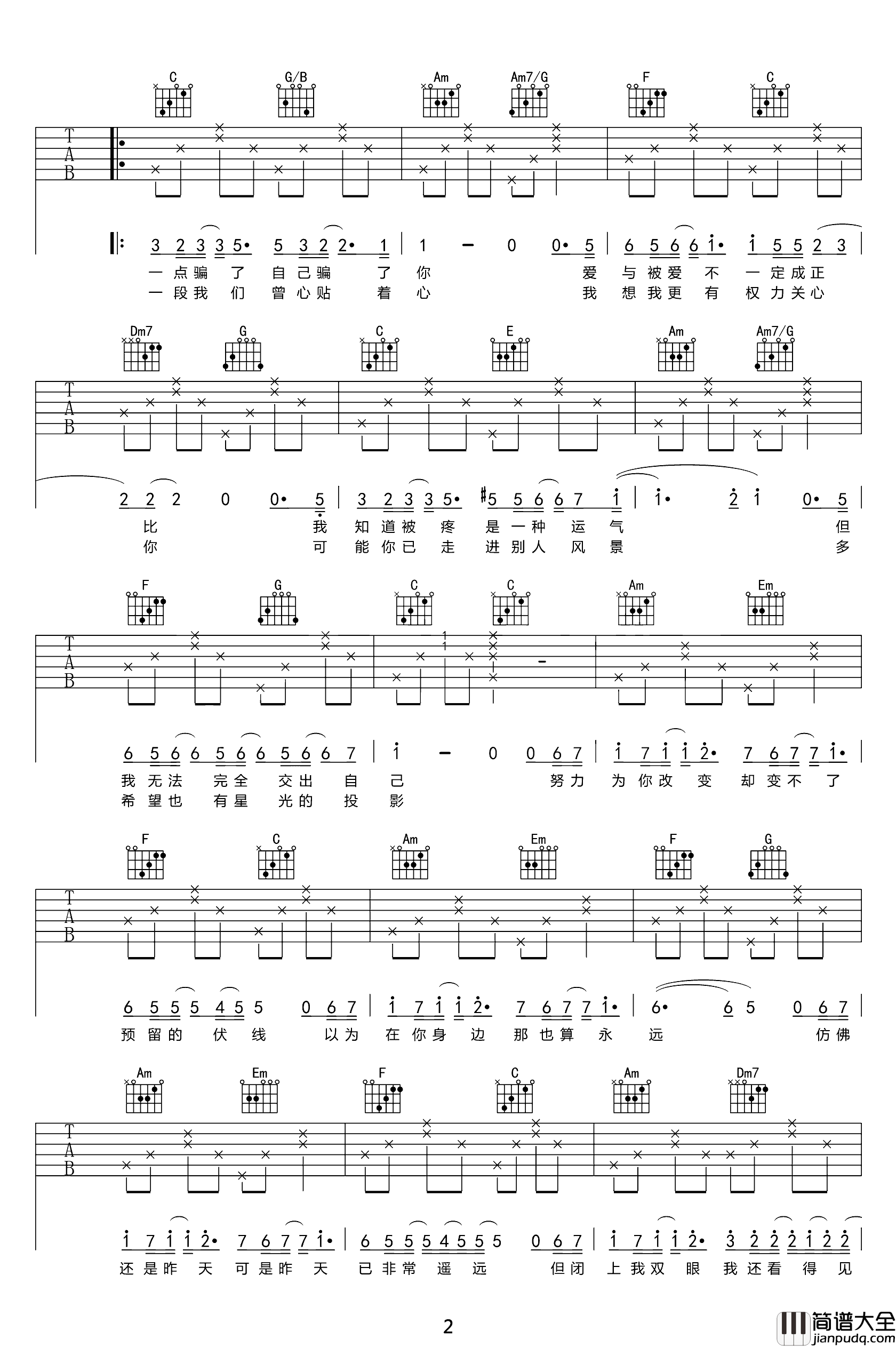 可惜不是你吉他谱_C调_梁静茹_弹唱谱_高清六线谱