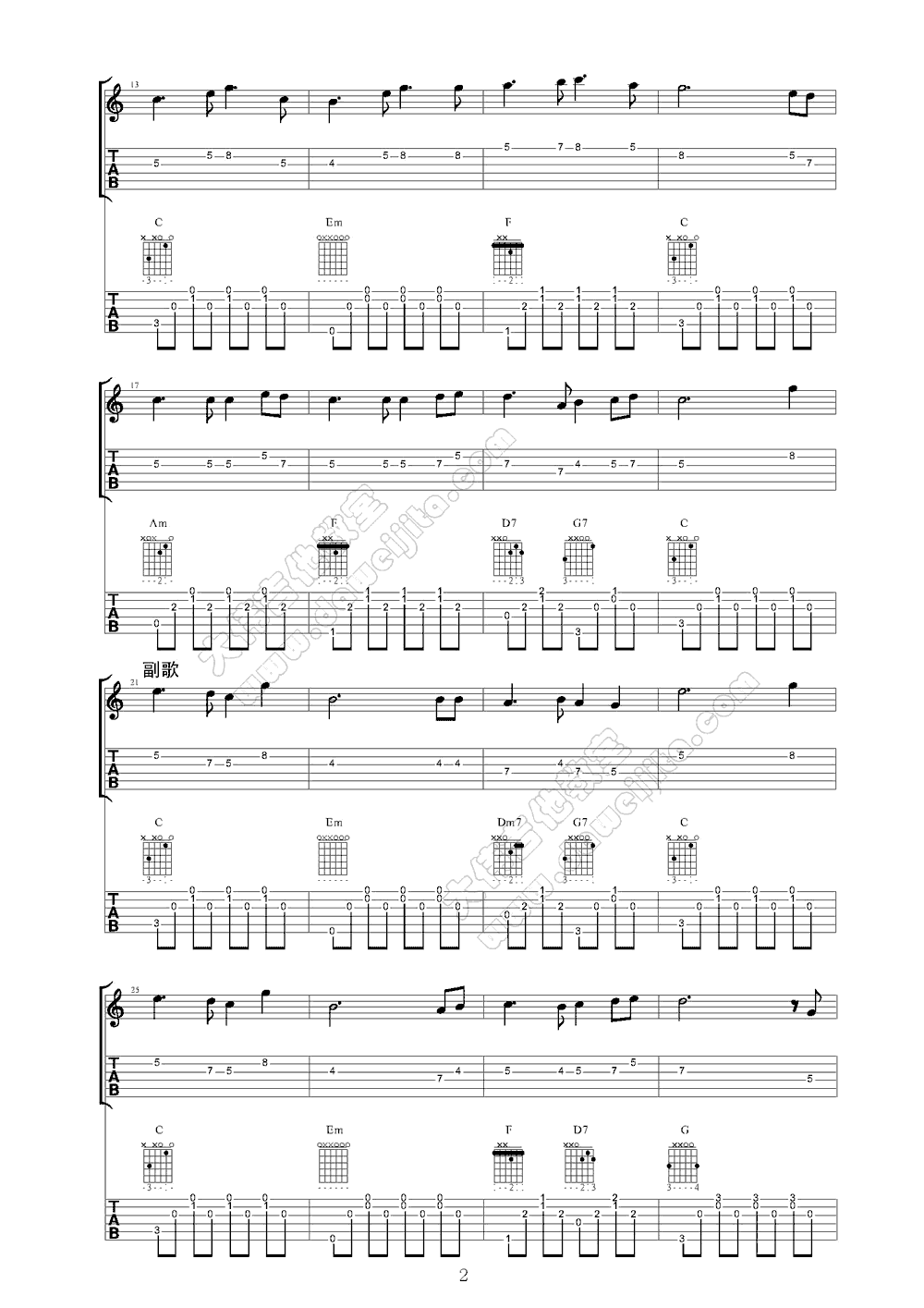 月亮代表我的心指弹吉他谱预览图