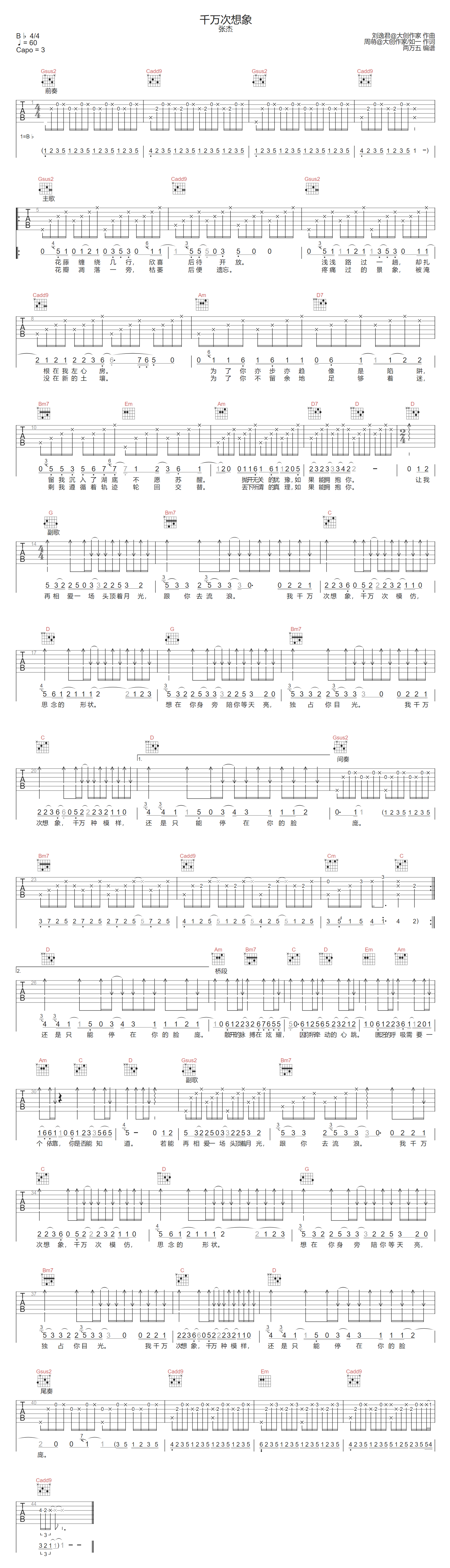 千万次想象吉他谱-张杰